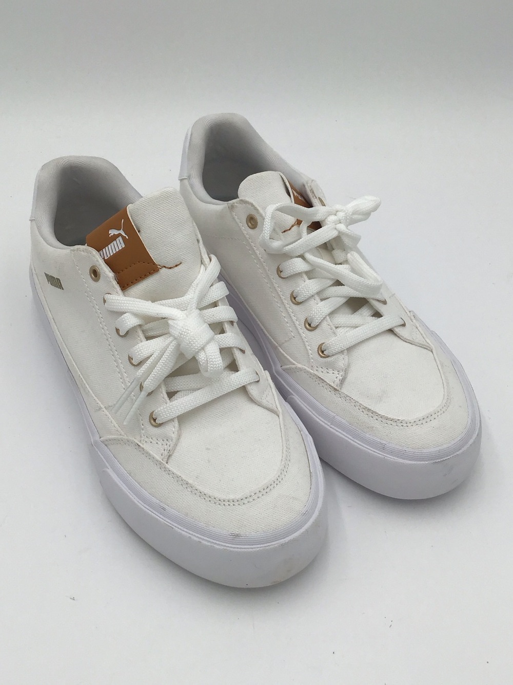 Puma Men’s White Canvas Sneakers with Tan Logo Tab